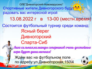 В микрорайоне Дивногорский 13 августа состоится Футбольный турнир